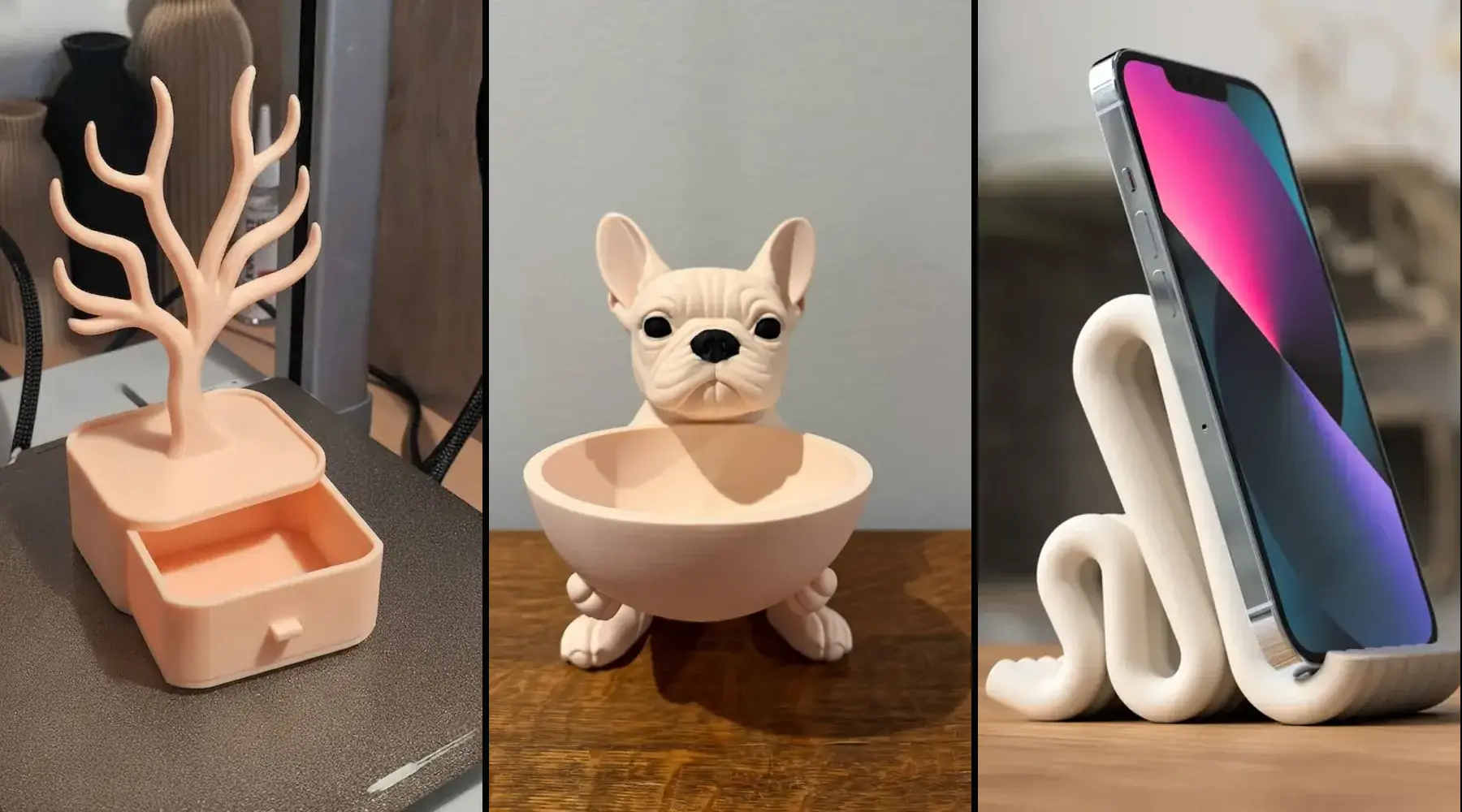 Pembe takı ağacı, bulldog şekerlik ve telefon tutucu