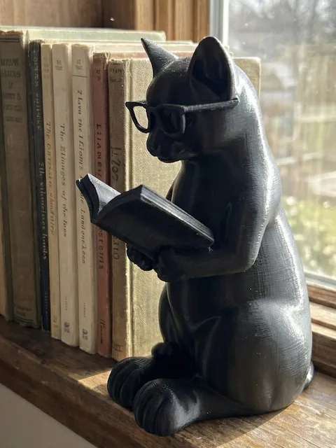 Kitaplığın önünde kitap okuyan gözlüklü siyah kedi figürü