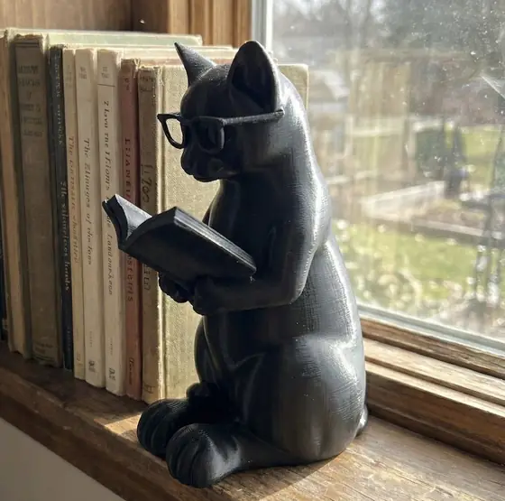 Kitap okuyan gözlüklü siyah kedi figürü